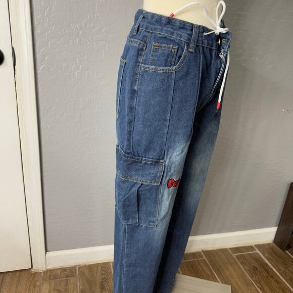 High Street Hello Kitty Bow Cargo Fashion High Waist Jeans Pleated Pants, XL - Picture 3 of 8